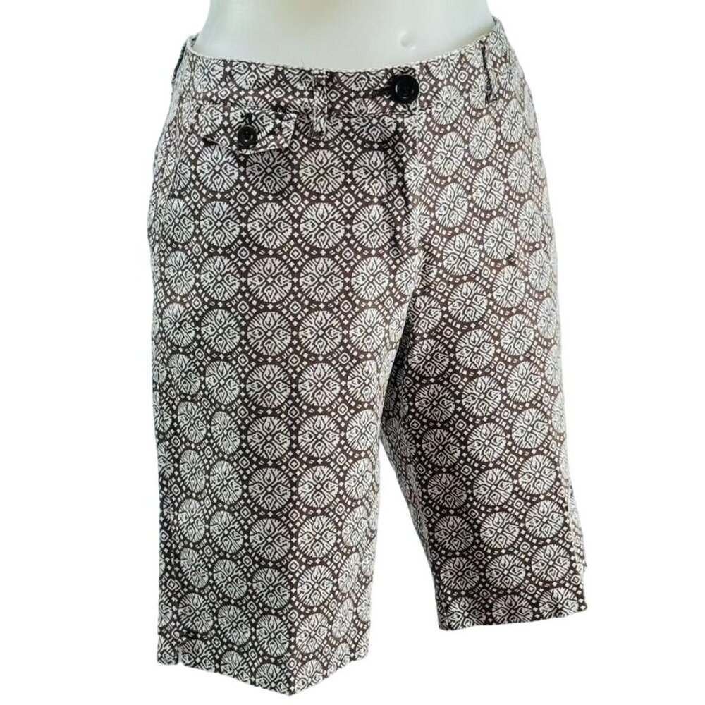 TALBOTS Womens Shorts Brown Geometric Print Stretch Bermuda Cotton Size 10P
